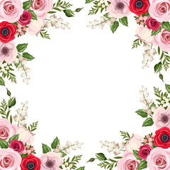 Frame with red and pink roses and various flowers. Vector.