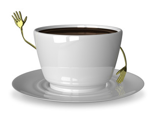 White cup character waving hand