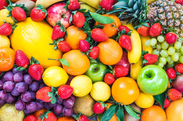 Fresh fruits various background. Healthy food. - obrazy, fototapety, plakaty