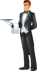 A  waiter holding a tray isolated against white background