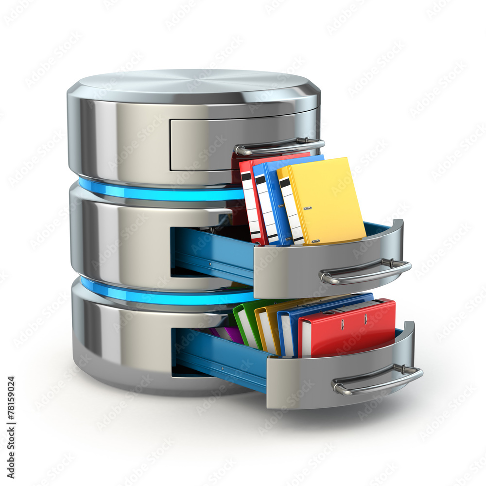 Poster Database storage concept. Hard disk icon with folders  isolated