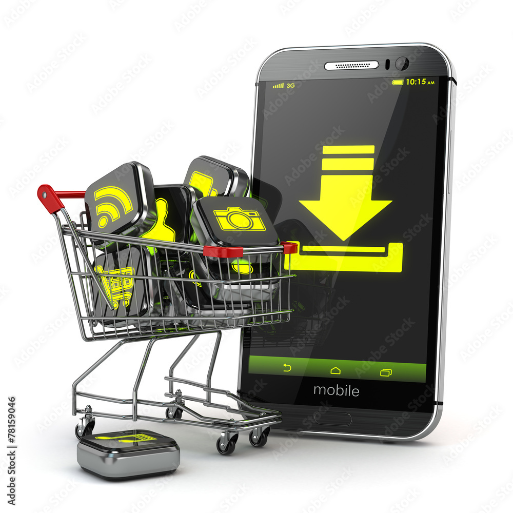 Poster downloading mobile apps concept. application software icons in s