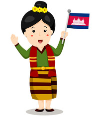 cute cambodian girl in traditional clothes  with flag