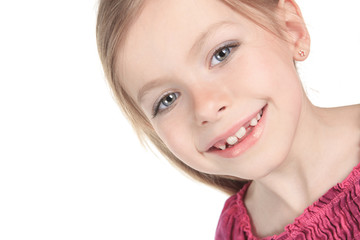 A beautiful girl child over a white background.