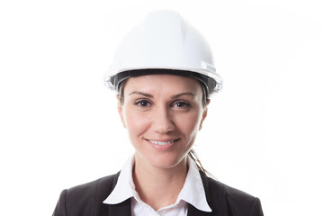 Attractive architect wearing helmet. All on white background.