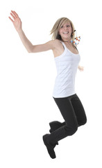 Full length studio photo of attractive woman jumping in air with