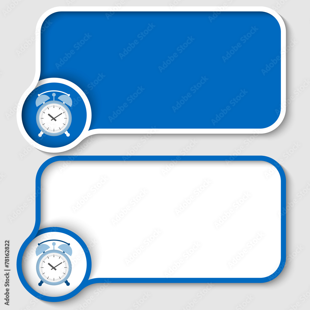 Poster set of two blue text frames and alarm clock