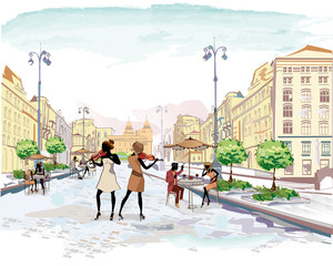 Obraz premium Series of street views with people and musicians