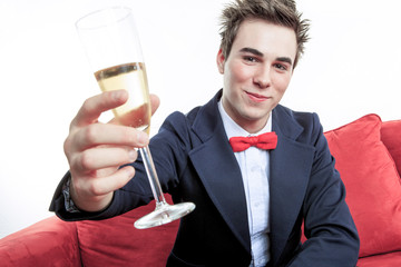 men with champain on his hand