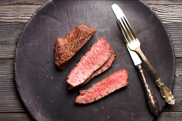 Beef steak slices. top view