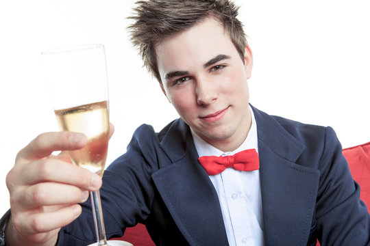 men with champain on his hand