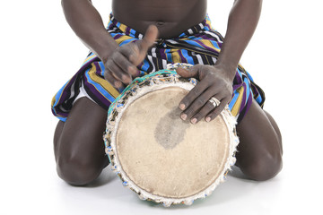 african person with djembe on white background, traditional perc