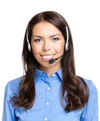 Cheerful customer support phone operator in headset, isolated
