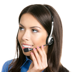 Cheerful customer support phone operator in headset, isolated