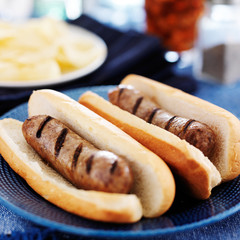 grilled bratwursts with potato chips and drink in the background
