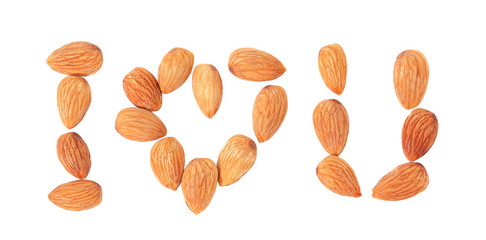 I love you (Almonds nuts in shape of massage) on white