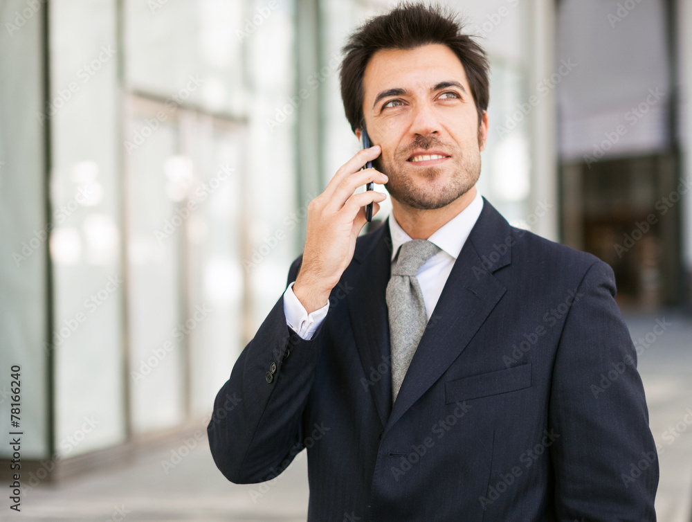 Sticker smiling businessman talking on the phone