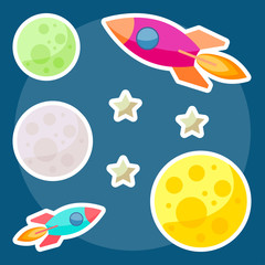 cosmic background with bright colored planets and spaceships