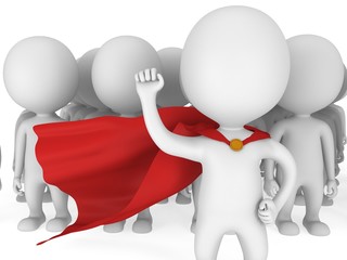 Brave superhero with red cloak before a crowd