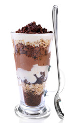 Yogurt, with chocolate cream, chopped chocolate and muesli