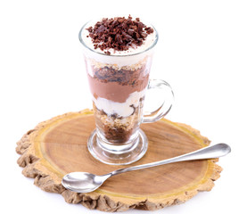 Yogurt, with chocolate cream, chopped chocolate and muesli