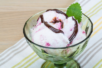 Ice cream with choco and mint leaves