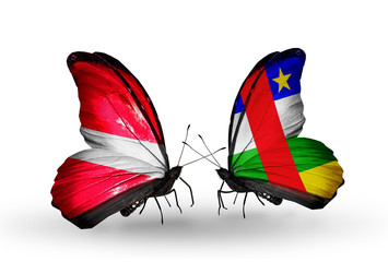 Two butterflies with flags Latvia and Central African Republic
