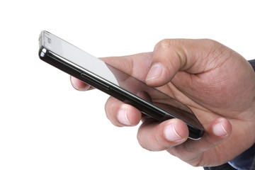 Man sending or receiving sms on his smart phone