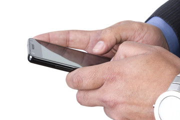 Man sending or receiving sms on his smart phone