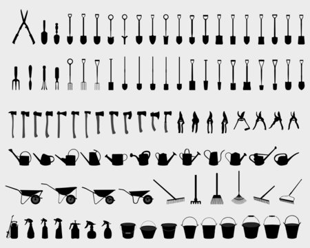 Black Silhouettes Of Garden Tools, Vector