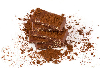 chocolate with cacao nut isolated white background