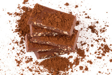 chocolate with cacao nut isolated white background