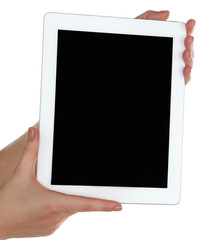 Hands holding tablet PC isolated on white