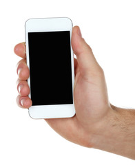Hand holding mobile smart phone isolated on white