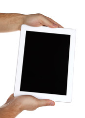 Hands holding tablet PC isolated on white
