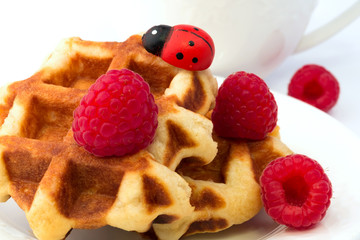 Breakfast Belgian waffles homemade raspberry dessert