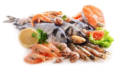 Fresh fish and other seafood isolated on white