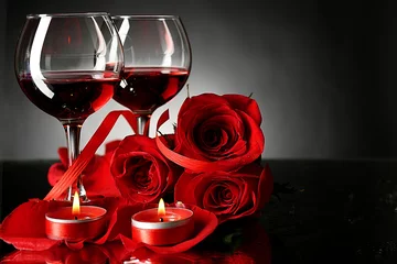 Poster Vin Composition with red wine in glasses, red rose and decorative