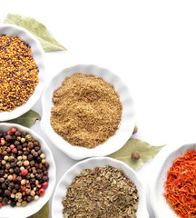 Different kinds of spices in ceramics bowls isolated on white