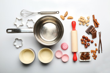 Food ingredients and kitchen utensils for cooking isolated