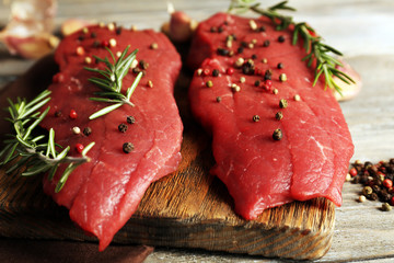 Raw beef steak with rosemary and spices