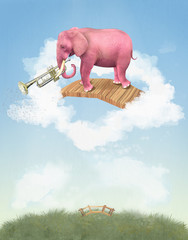 Pink elephant in the sky with a trumpet. Illustration