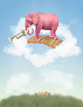 Pink elephant in the sky with a trumpet. Illustration