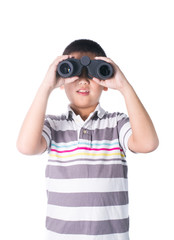 Asian boy holding binoculars, isolated on a white background