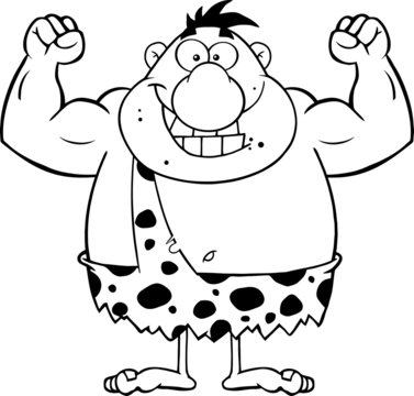 recommend clip art: Black And White Smiling Caveman Cartoon Character Flexing