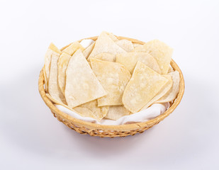 isolated basket of flat white bread