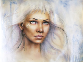 beautiful airbrush portrait of a young enchanting woman warrior