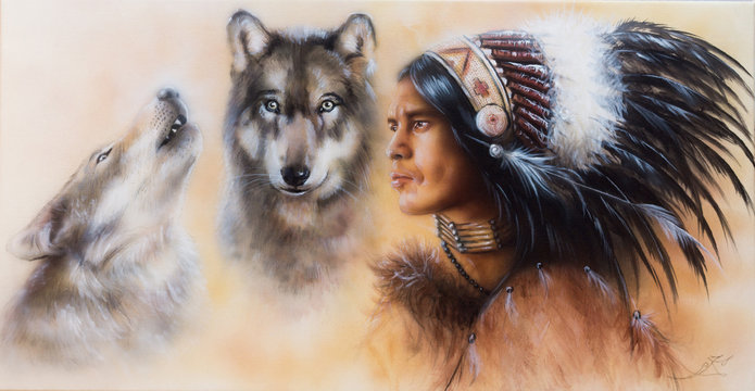 beautiful airbrush painting of an young indian warrior accompani