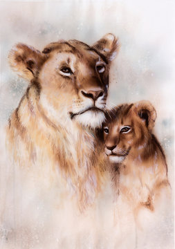 beautiful airbrush painting of a loving lion mother and her baby