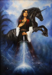 Obraz premium Woman with mighty black unicorn